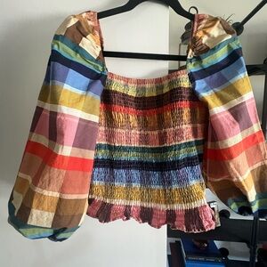 FARM Rio Red and Orange Smocked Puff Sleeve Blouse